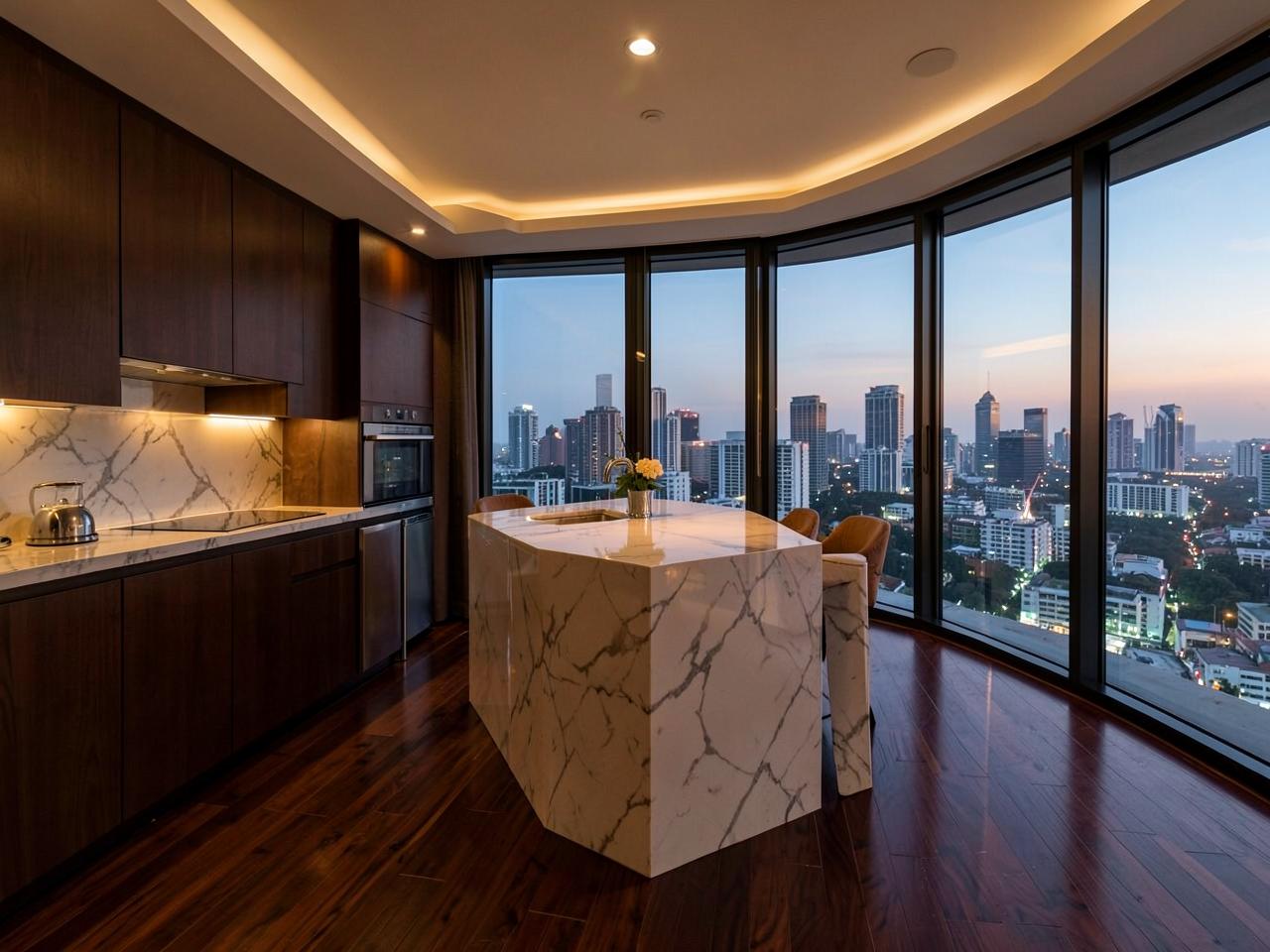 Penthouse kitchen with marble island and Lagos skyline through floor to ceiling glass