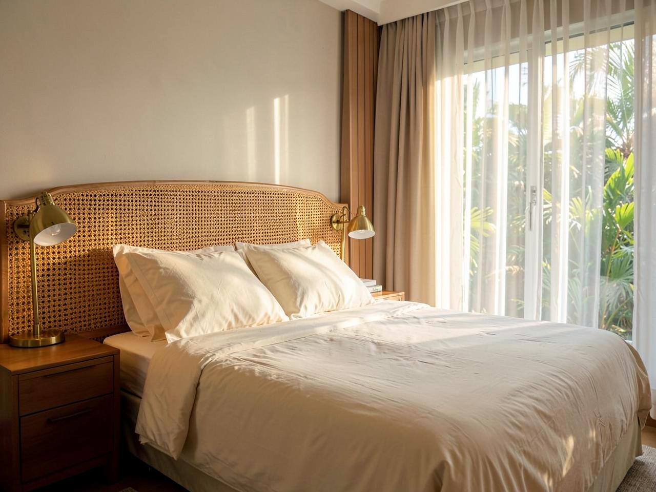 Main bedroom with rattan headboard and cream linen bedding