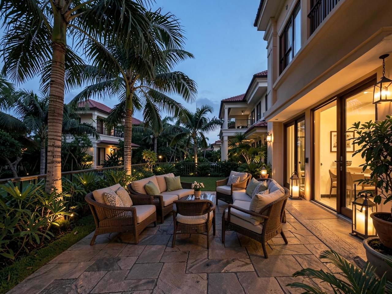 Terrace with wicker seating and palms at dusk in Old Ikoyi